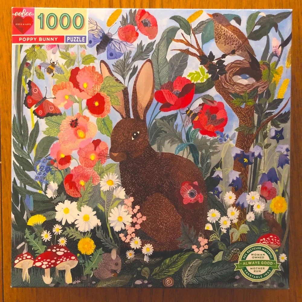 Eeboo Poppy Bunny 1000 Piece Floral Rabbit Jigsaw Puzzle Spring Illustration - Picture 1 of 4